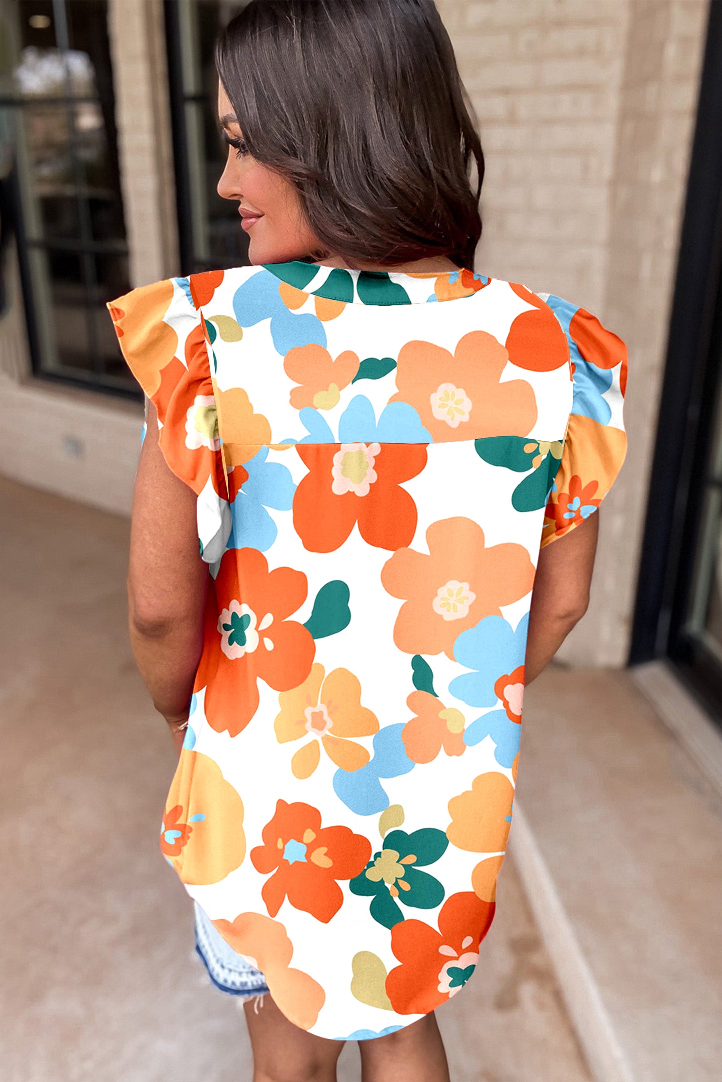 Orange Floral Notched V Neck Ruffled Sleeve Blouse-Tops/Blouses & Shirts-[Adult]-[Female]-2022 Online Blue Zone Planet