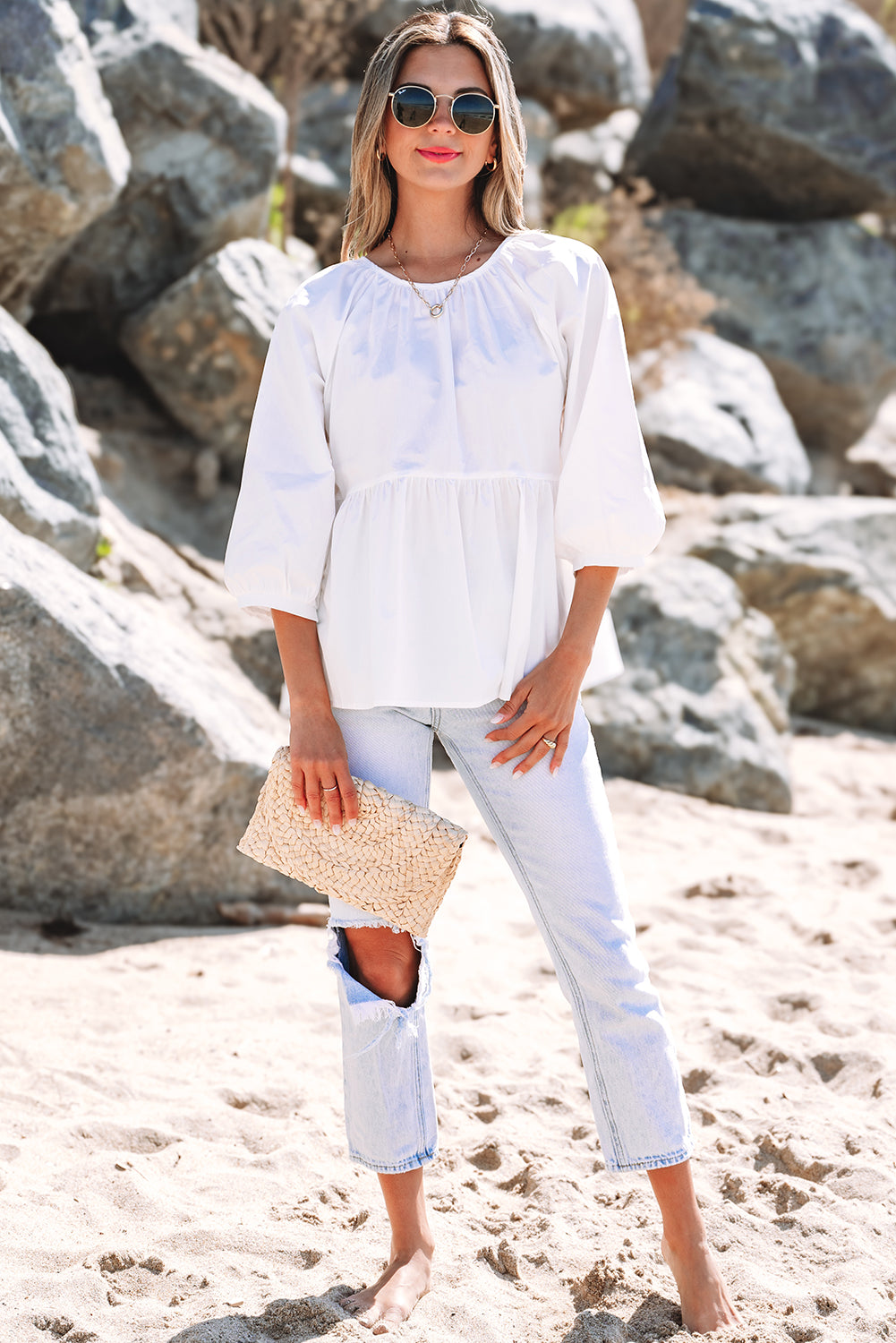 White Bow Knot Cutout Back Loose Fit 3/4 Sleeve Blouse-Tops/Blouses & Shirts-[Adult]-[Female]-2022 Online Blue Zone Planet