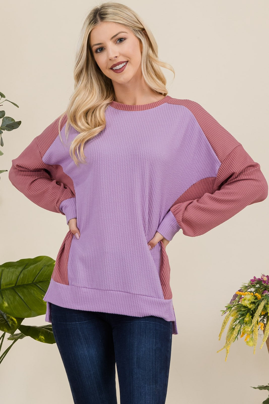 Blue Zone Planet | Celeste Full Size High-Low Contrast Round Neck Sweatshirt-TOPS / DRESSES-[Adult]-[Female]-2022 Online Blue Zone Planet