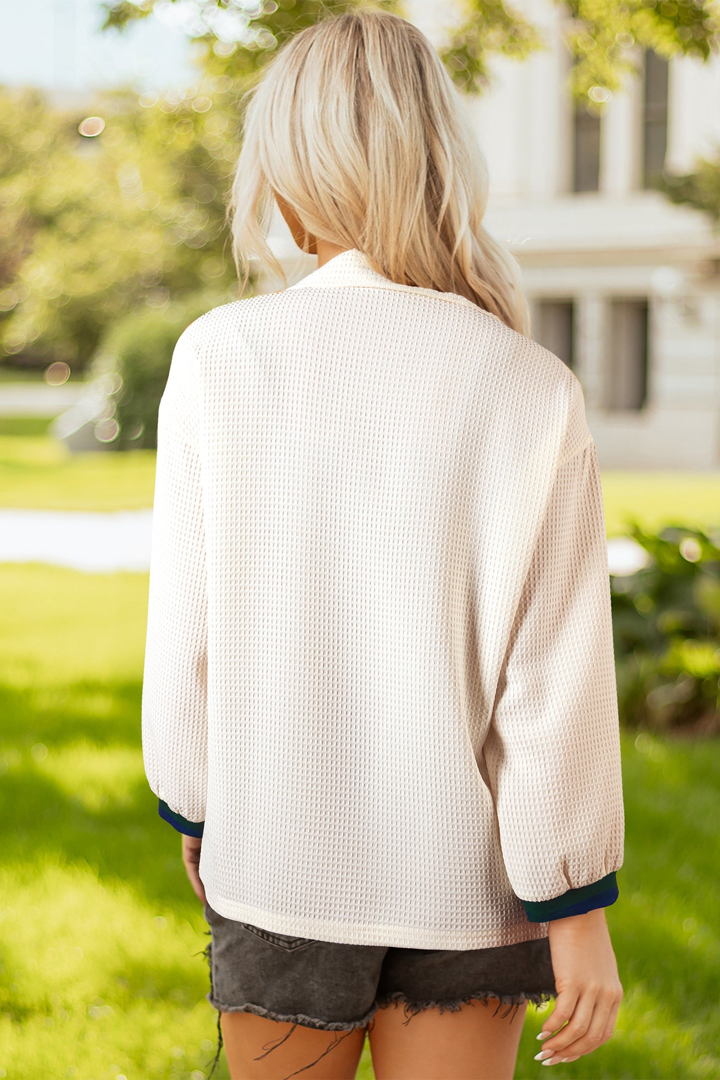 White Waffle Textured Contrast Polo Neck Zip up Jumper-Tops/Long Sleeve Tops-[Adult]-[Female]-2022 Online Blue Zone Planet