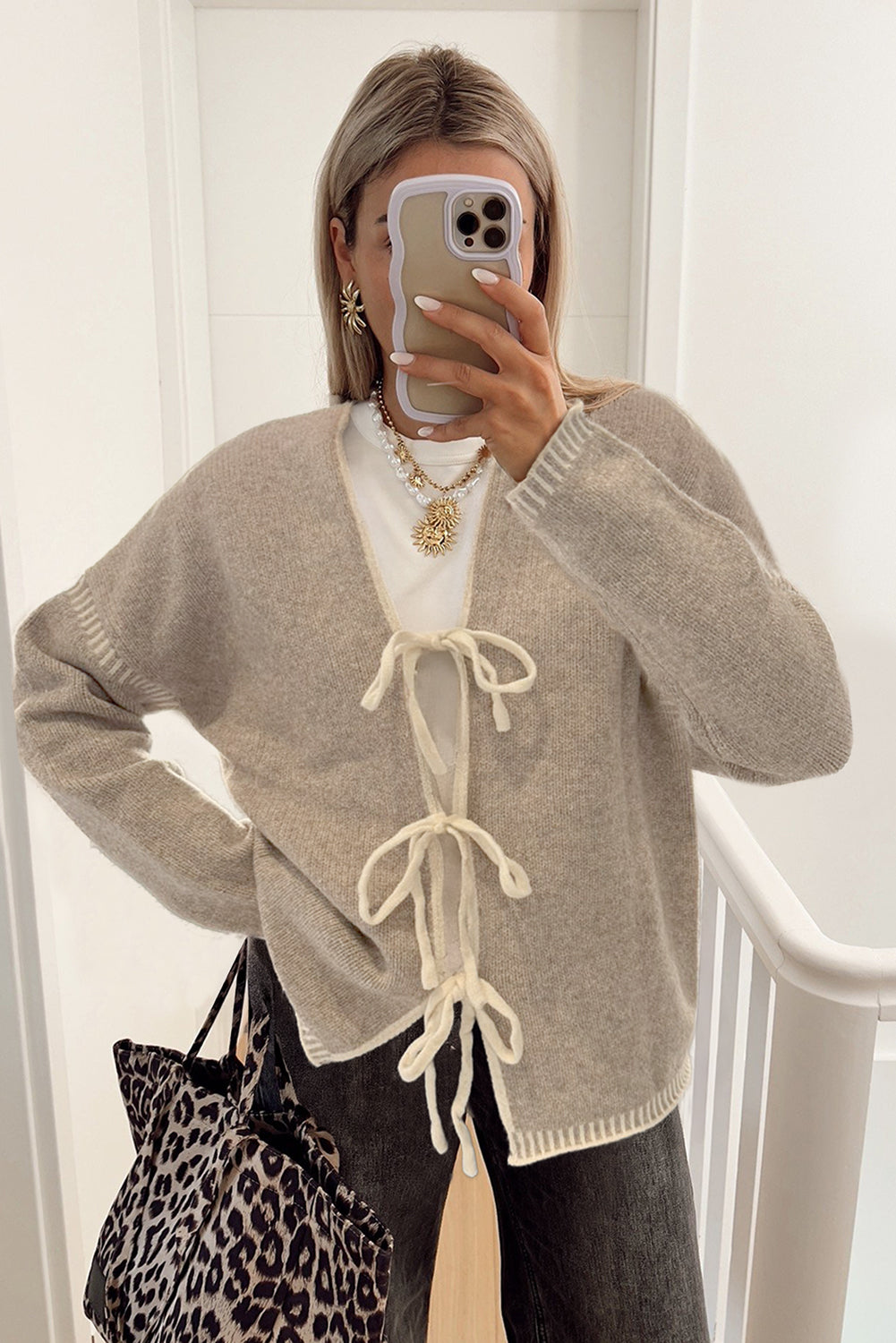 Pale Khaki Tied Front Drop Shoulder Chunky Casual Cardigan-Sweaters & Cardigans/Cardigans-[Adult]-[Female]-2022 Online Blue Zone Planet