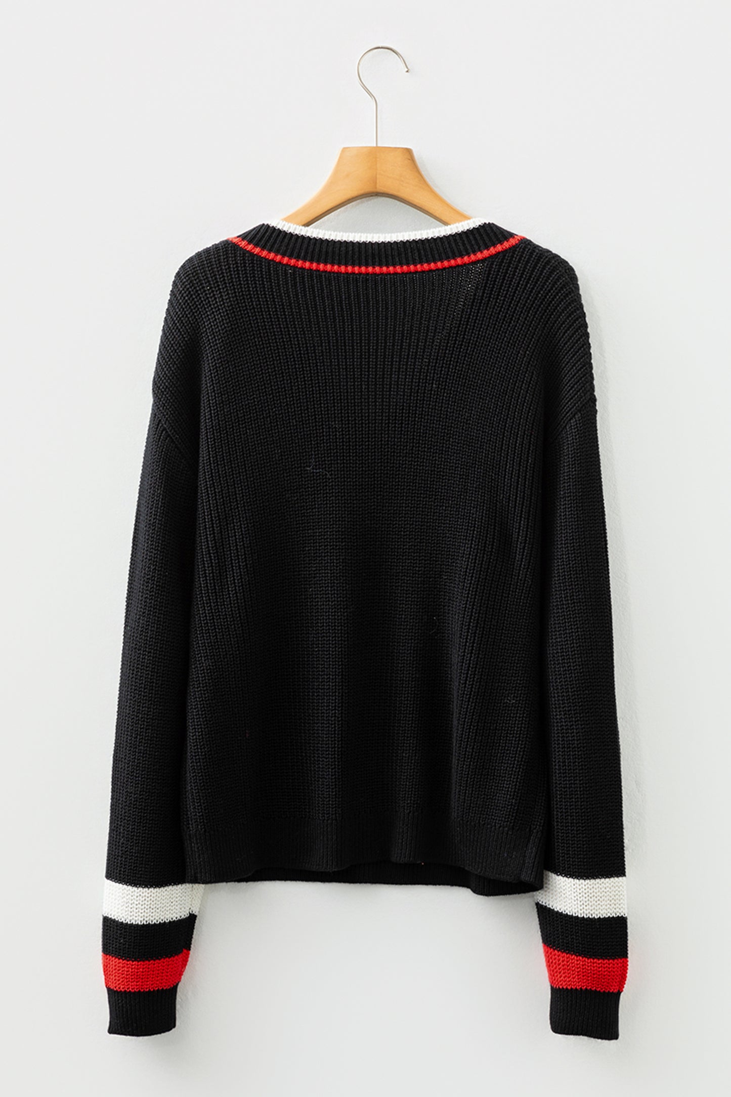 Black Contrast Striped Trim V Neck Drop Shoulder Sweater-TOPS / DRESSES-[Adult]-[Female]-2022 Online Blue Zone Planet