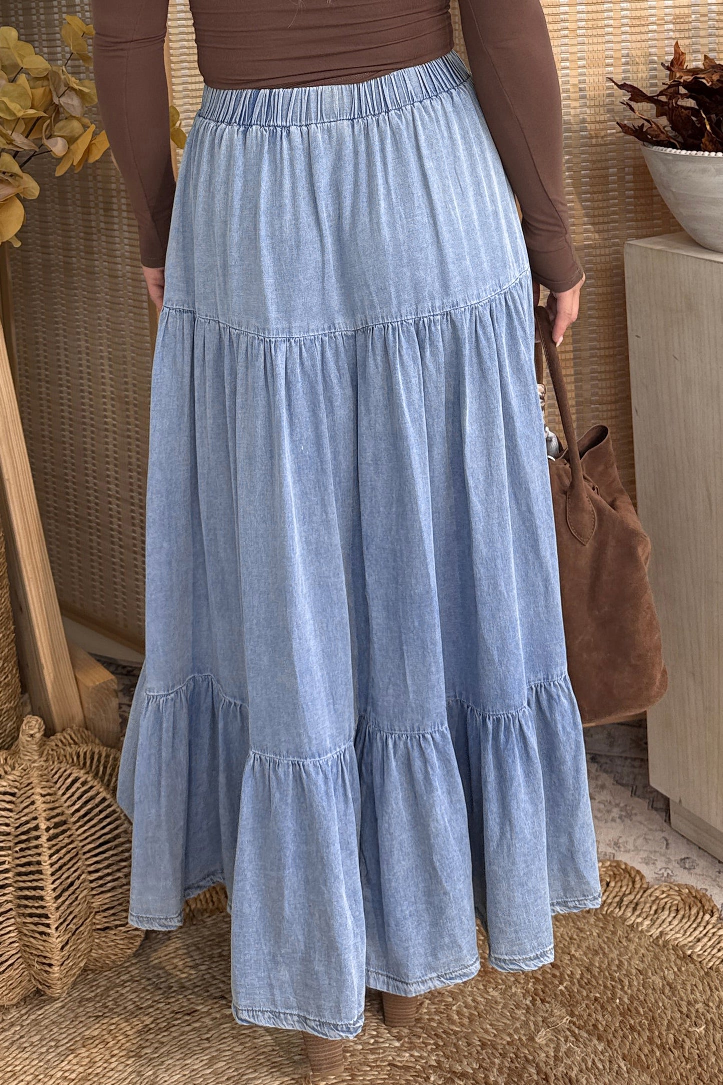 Beau Blue Elastic Waist Ruffled Tiered Flared Denim Maxi Skirt-Bottoms/Skirts & Petticoat-[Adult]-[Female]-2022 Online Blue Zone Planet