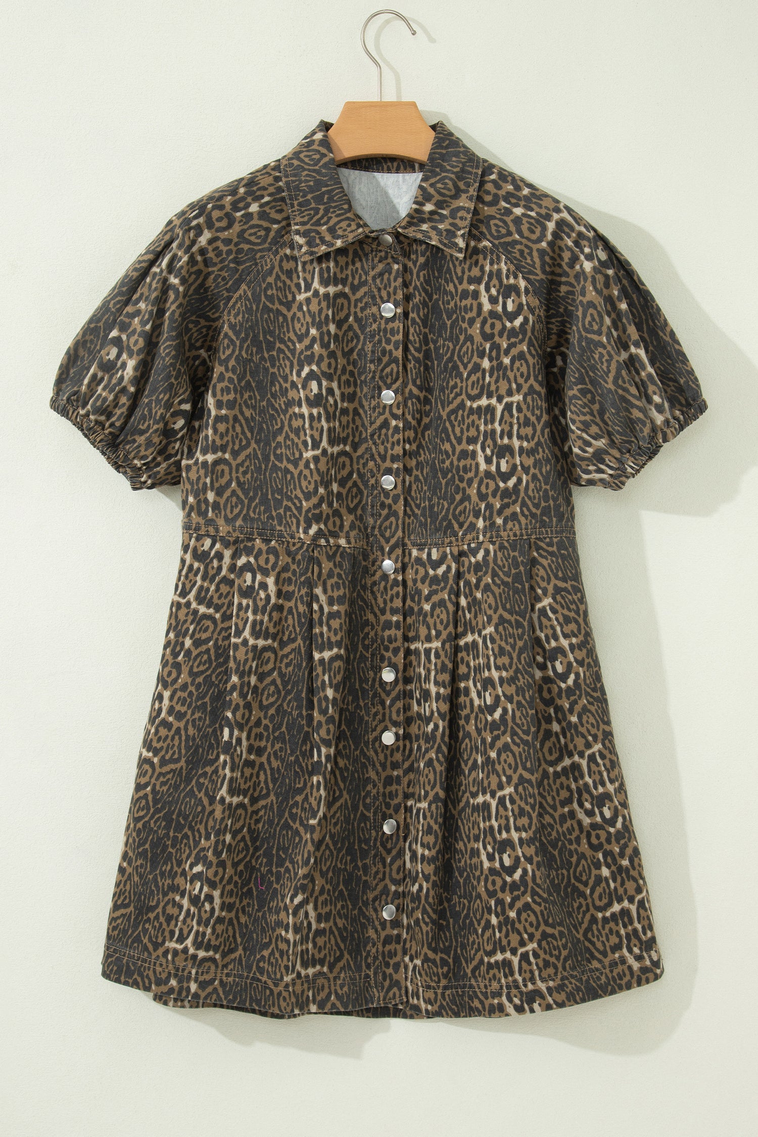 Gray Leopard Print Short Sleeve Pleated Denim Mini Dress-TOPS / DRESSES-[Adult]-[Female]-2022 Online Blue Zone Planet