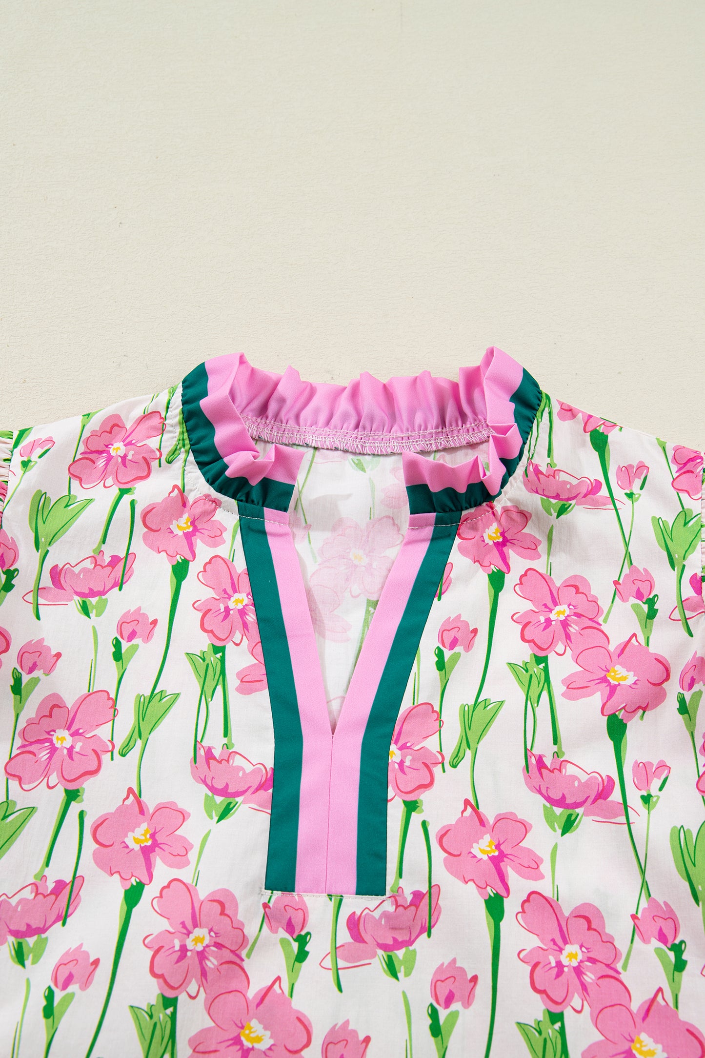 Pink Floral Print Contrast Trim V Neck Double Ruffled Short Sleeve Blouse-Tops/Blouses & Shirts-[Adult]-[Female]-2022 Online Blue Zone Planet
