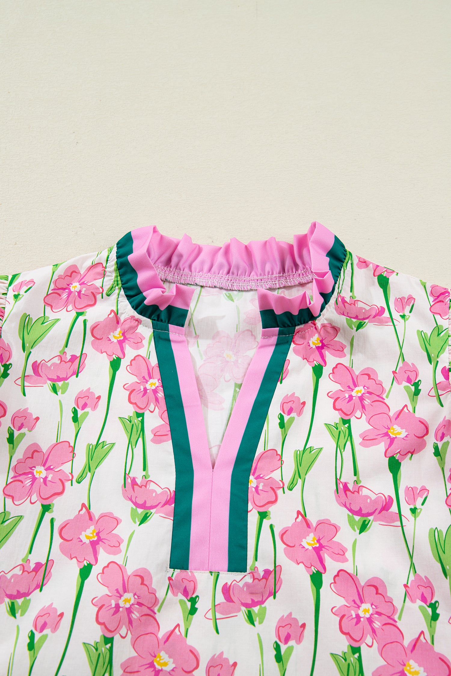 Pink Floral Print Contrast Trim V Neck Double Ruffled Short Sleeve Blouse-Tops/Blouses & Shirts-[Adult]-[Female]-2022 Online Blue Zone Planet