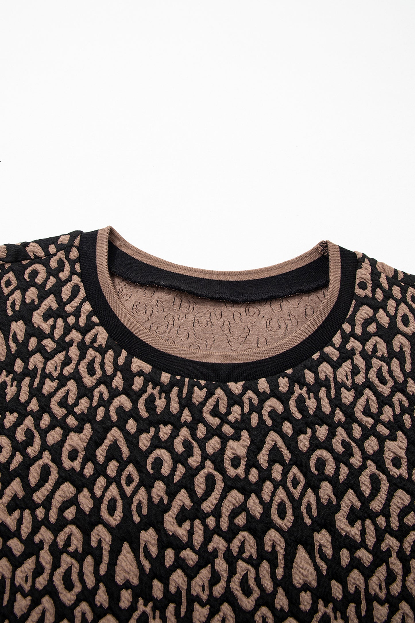 Black Leopard Print Puffy Bracelet Sleeve Contrast Trim Round Neck Top-Tops/Blouses & Shirts-[Adult]-[Female]-2022 Online Blue Zone Planet