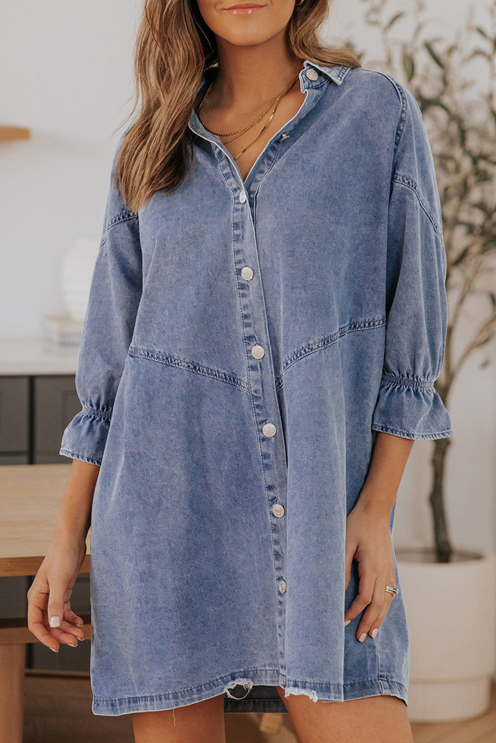 Blue Zone Planet | Sky Blue Buttoned Long Sleeve Denim Mini Dress-TOPS / DRESSES-[Adult]-[Female]-Sky Blue-S-2022 Online Blue Zone Planet