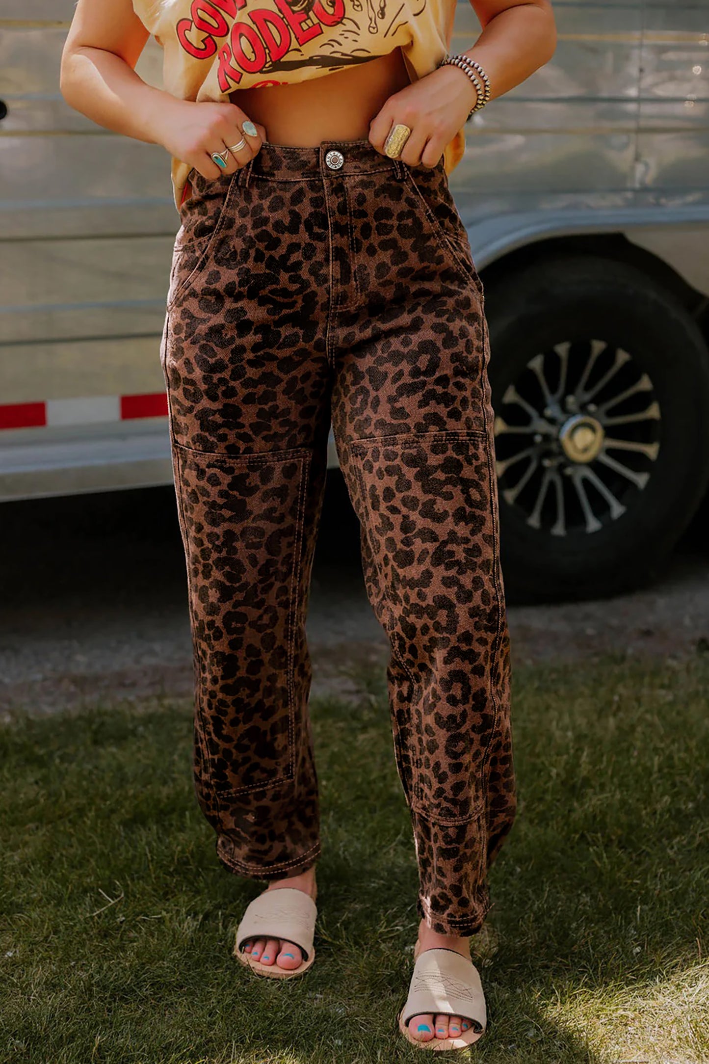 Brown Clear Seam Detail Patchwork Leopard Print Jeans