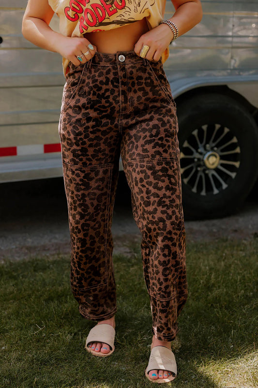 Brown Clear Seam Detail Patchwork Leopard Print Jeans-Bottoms/Jeans-[Adult]-[Female]-Brown-4-2022 Online Blue Zone Planet