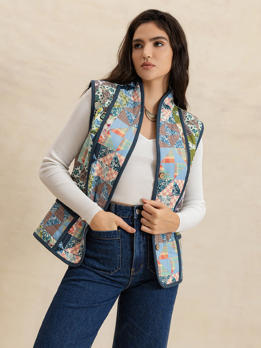 Printed Patchwork Contrast Piping Vest-TOPS / DRESSES-[Adult]-[Female]-Multicolor-S-2022 Online Blue Zone Planet