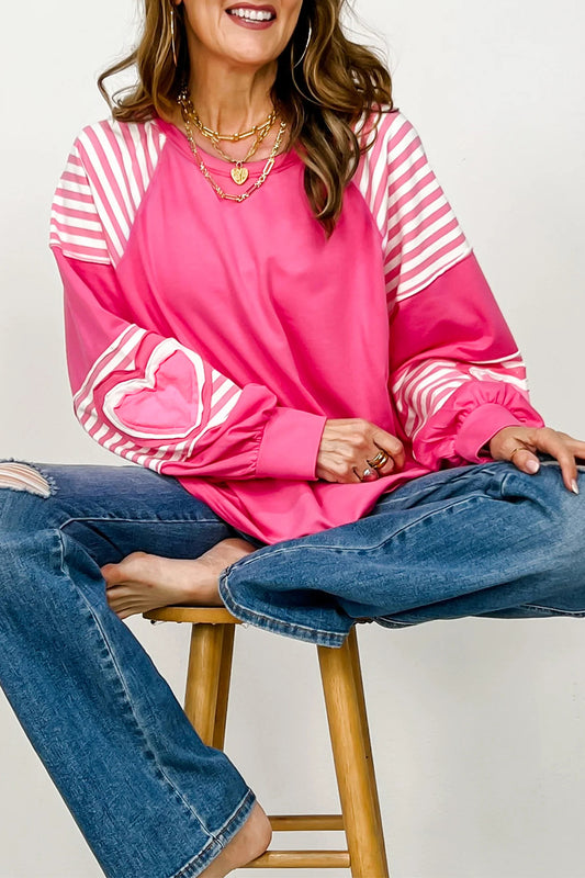Strawberry Pink Heart Shape Striped Patchwork Long Sleeve Loose Top-Tops/Long Sleeve Tops-[Adult]-[Female]-Strawberry Pink-S-2022 Online Blue Zone Planet