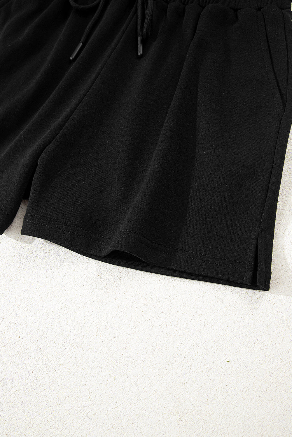 Black Varsity Striped Sleeve Drop Shoulder Sweatshirt and Short Set-Two Piece Sets/Short Sets-[Adult]-[Female]-2022 Online Blue Zone Planet