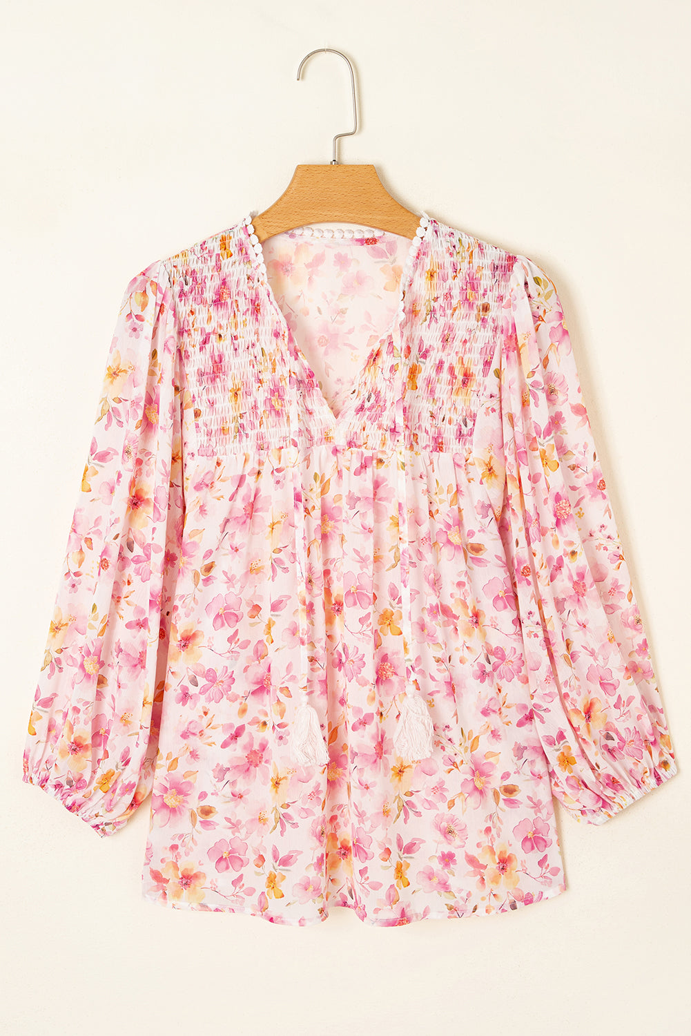 Pink Floral Print Tassel Tie Smocked V Neck Puff Sleeve Tunic Blouse-Tops/Blouses & Shirts-[Adult]-[Female]-2022 Online Blue Zone Planet