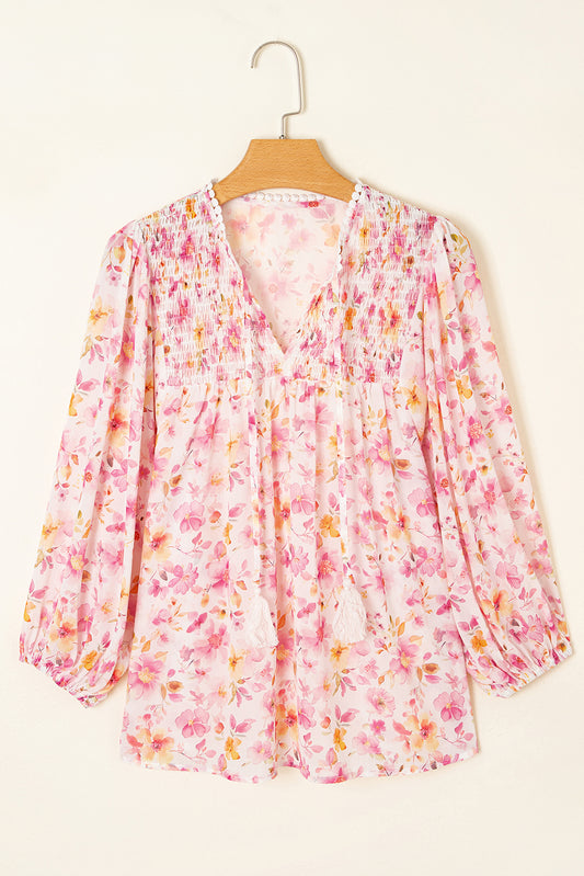 Pink Floral Print Tassel Tie Smocked V Neck Puff Sleeve Tunic Blouse-Tops/Blouses & Shirts-[Adult]-[Female]-2022 Online Blue Zone Planet