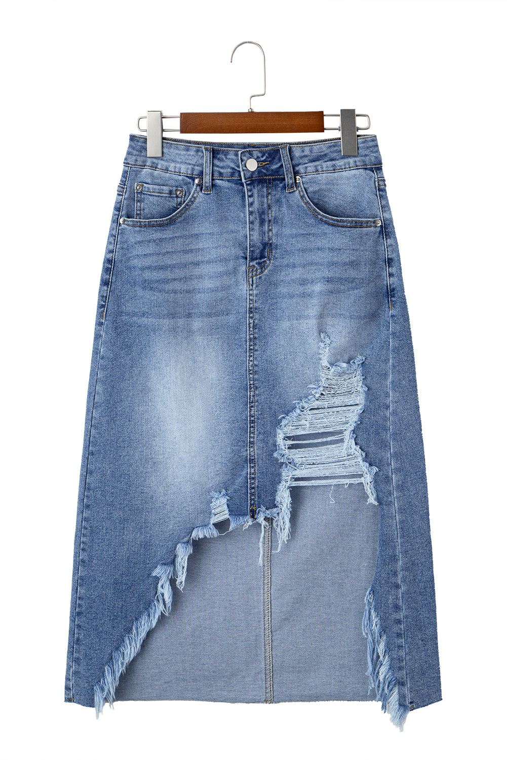 Myosotis Irregular Distressed Bottom Denim Midi Skirt-Bottoms/Skirts & Petticoat-[Adult]-[Female]-2022 Online Blue Zone Planet