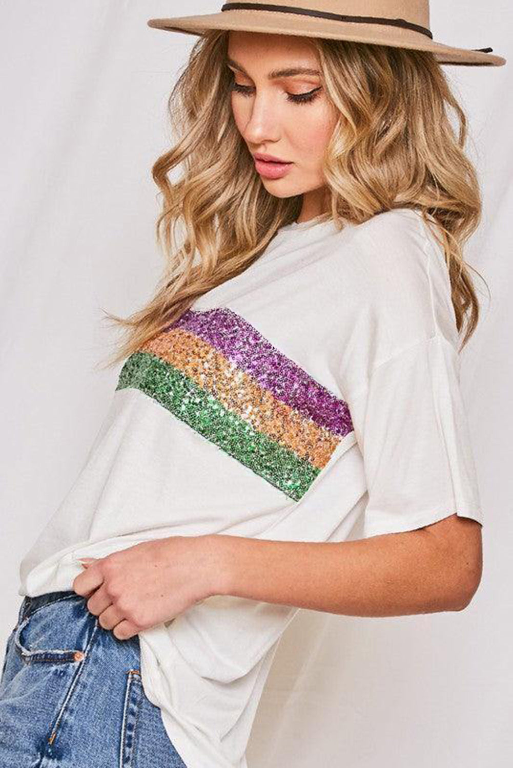 White Sequin Stripes Patchwork Mardi Gras Crew Neck T Shirt-Tops/Tops & Tees-[Adult]-[Female]-2022 Online Blue Zone Planet