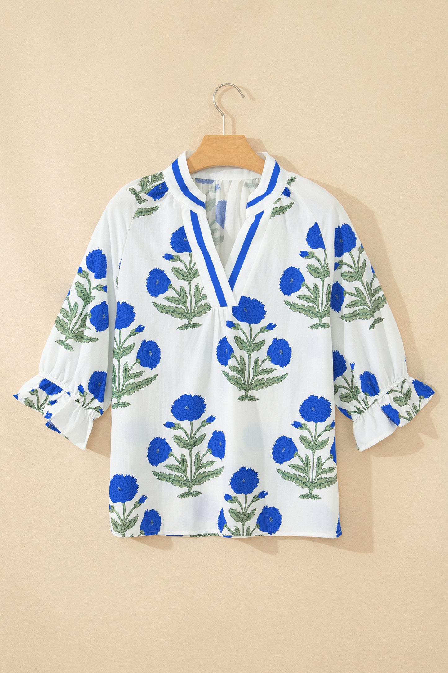 Sky Blue Casual Wild Flower Print V Neck 3/4 Sleeve Blouse-Tops/Blouses & Shirts-[Adult]-[Female]-2022 Online Blue Zone Planet