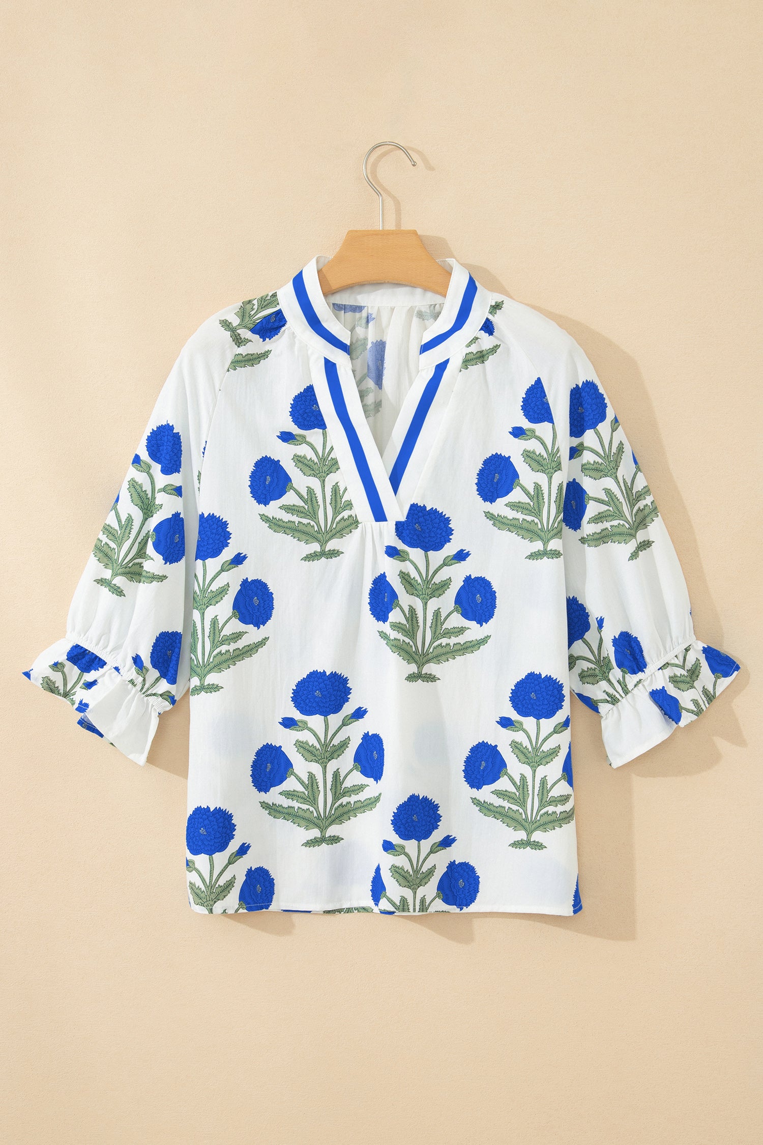 Sky Blue Casual Wild Flower Print V Neck 3/4 Sleeve Blouse-Tops/Blouses & Shirts-[Adult]-[Female]-2022 Online Blue Zone Planet