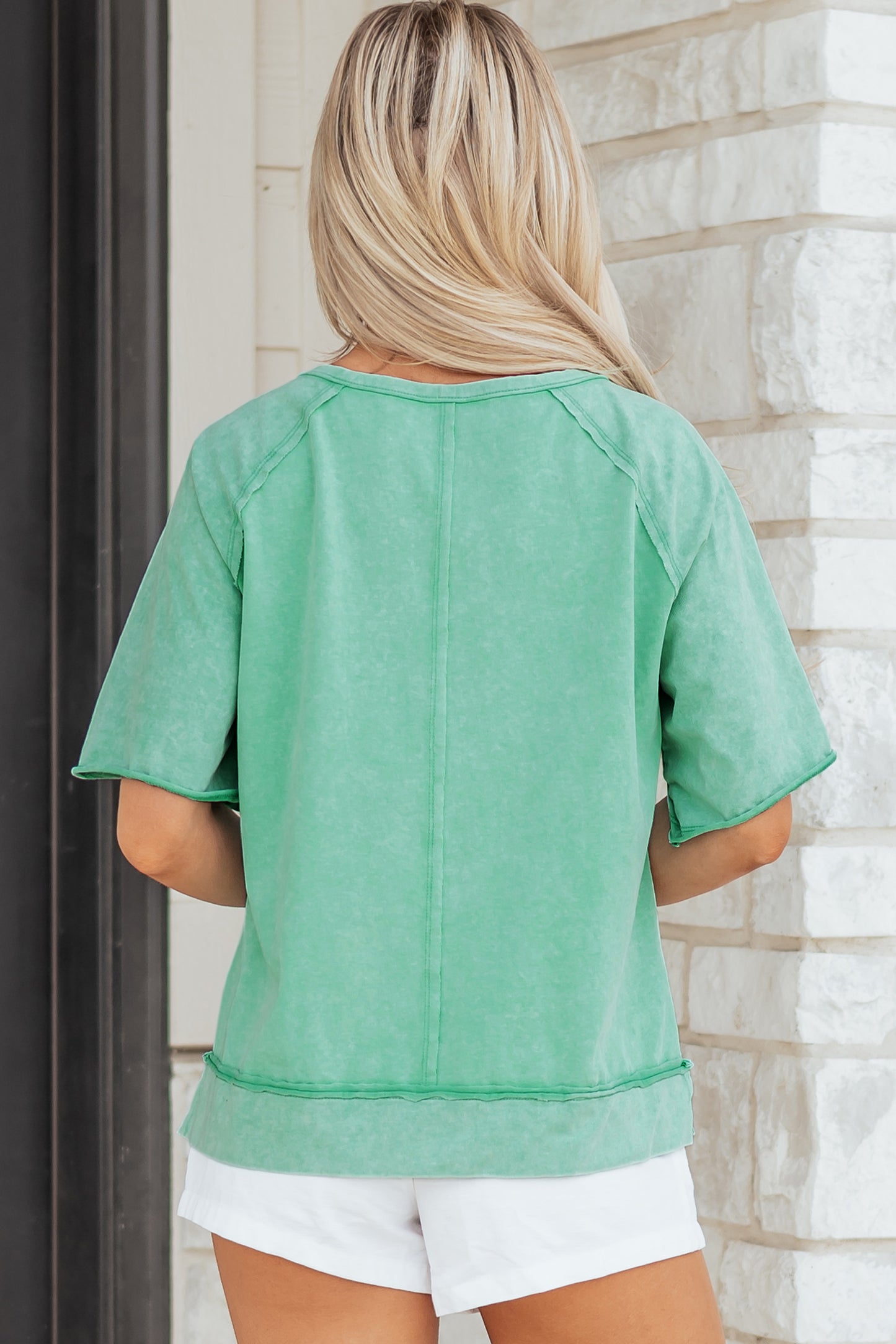 Mint Green Half Buttons Raw Seam Raglan Sleeve Mineral Wash T Shirt-Tops/Tops & Tees-[Adult]-[Female]-2022 Online Blue Zone Planet