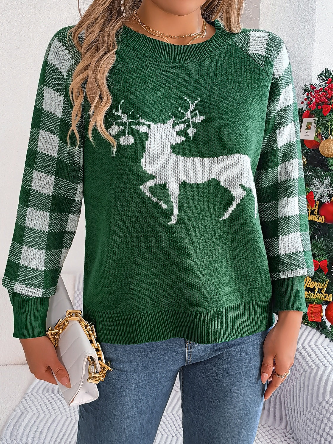 Reindeer Plaid Round Neck Long Sleeve Sweater-TOPS / DRESSES-[Adult]-[Female]-2022 Online Blue Zone Planet