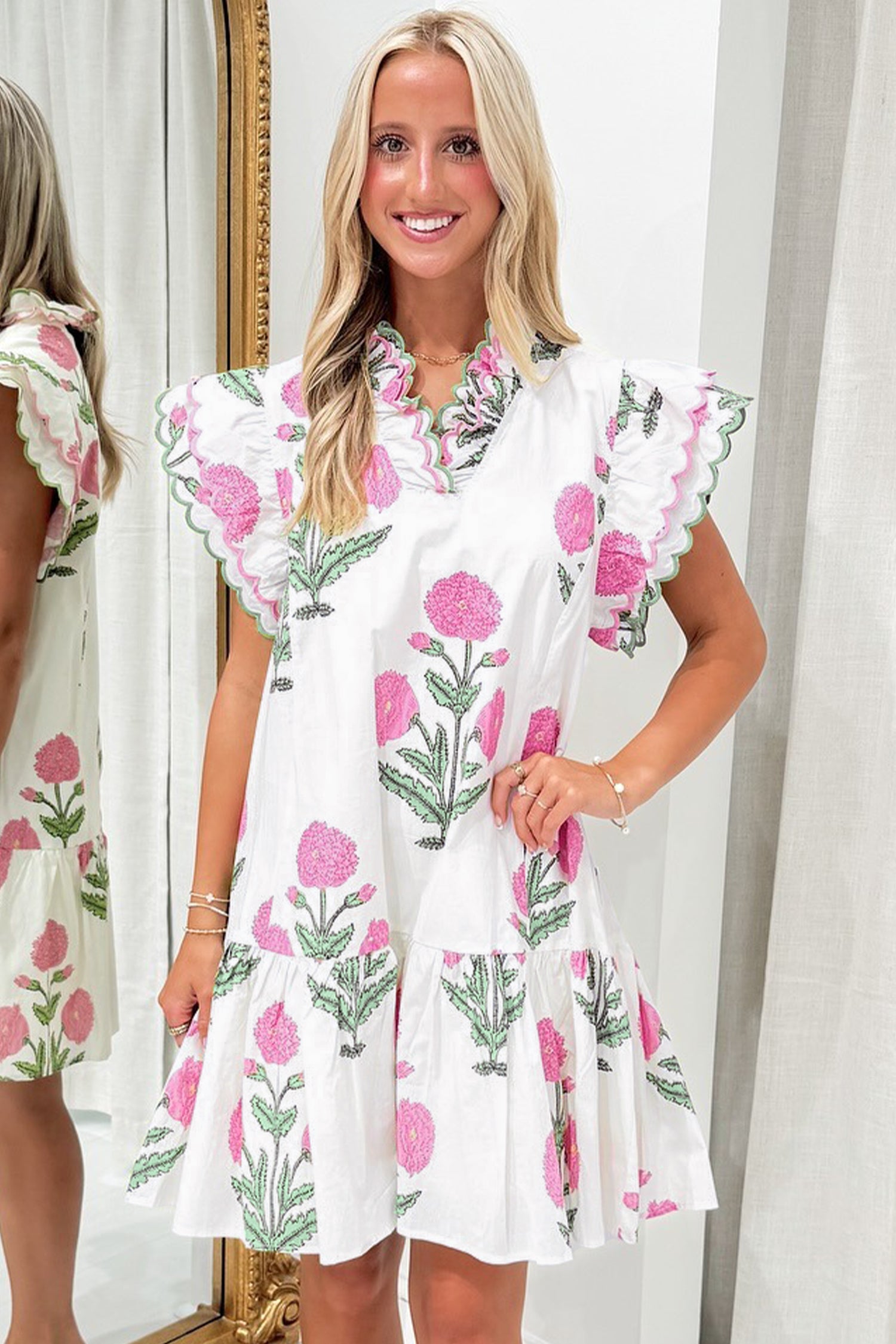 White Wild Floral Print Scalloped Embroidery Trim V Neck Drop Waist Mini Dress-TOPS / DRESSES-[Adult]-[Female]-2022 Online Blue Zone Planet