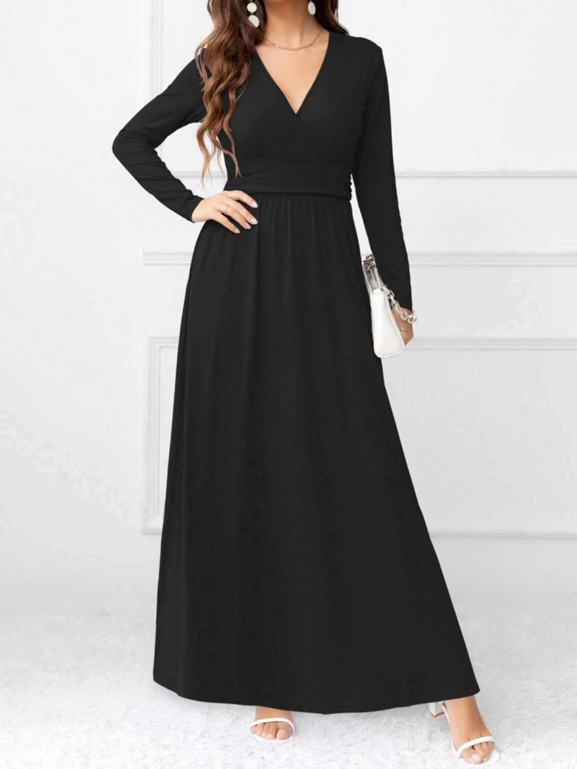 Pocketed Surplice Long Sleeve Maxi Dress-TOPS / DRESSES-[Adult]-[Female]-Black-S-2022 Online Blue Zone Planet