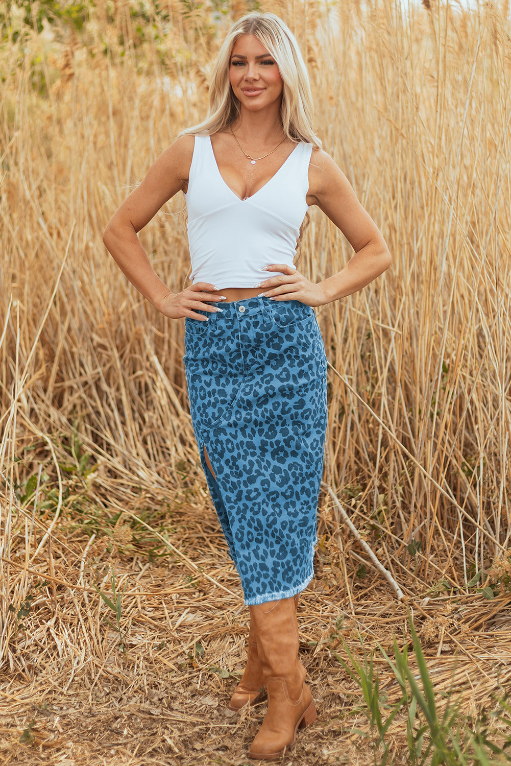 Sky Blue Leopard Denim Frayed Split Denim Midi Skirt-Bottoms/Skirts & Petticoat-[Adult]-[Female]-2022 Online Blue Zone Planet