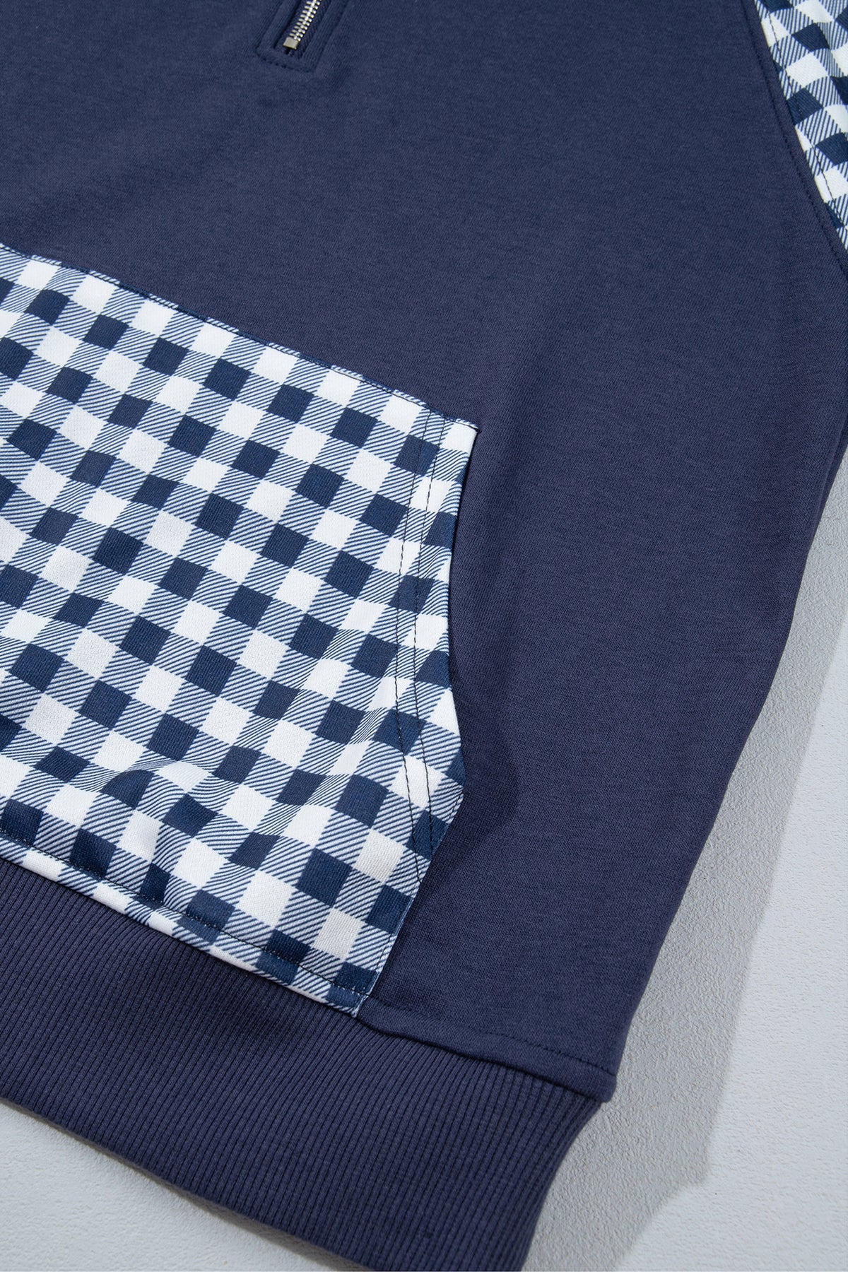 Navy Blue Patchwork Plaid Pocket Quarter Zip Sweatshirt-Tops/Sweatshirts & Hoodies-[Adult]-[Female]-2022 Online Blue Zone Planet