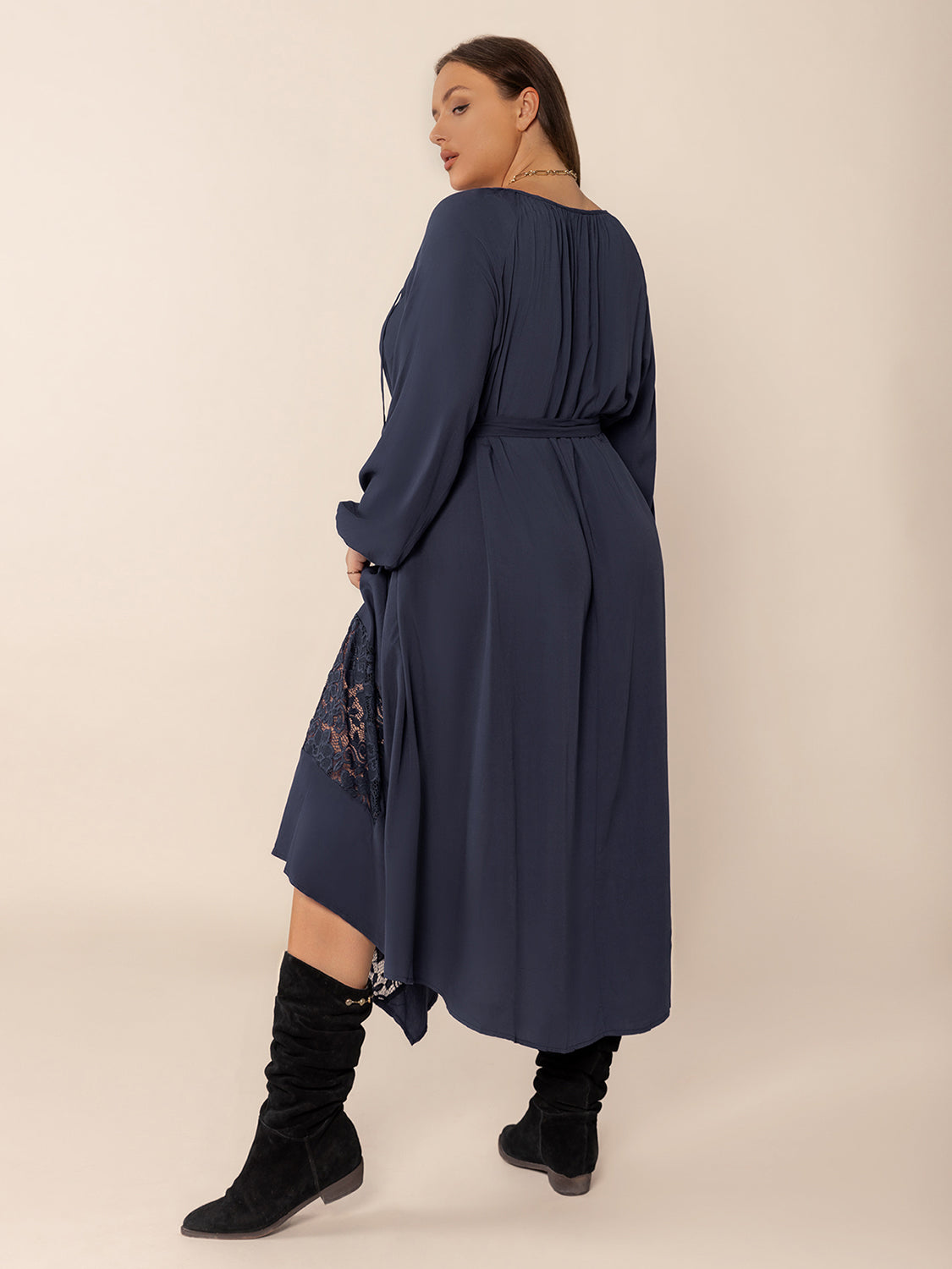 Blue Zone Planet | Plus Size Lace Detail Tie Neck Long Sleeve Midi Dress-TOPS / DRESSES-[Adult]-[Female]-2022 Online Blue Zone Planet