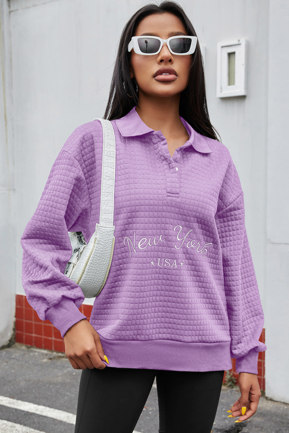 NEW YORK USA Quarter Button Dropped Shoulder Sweatshirt-TOPS / DRESSES-[Adult]-[Female]-2022 Online Blue Zone Planet