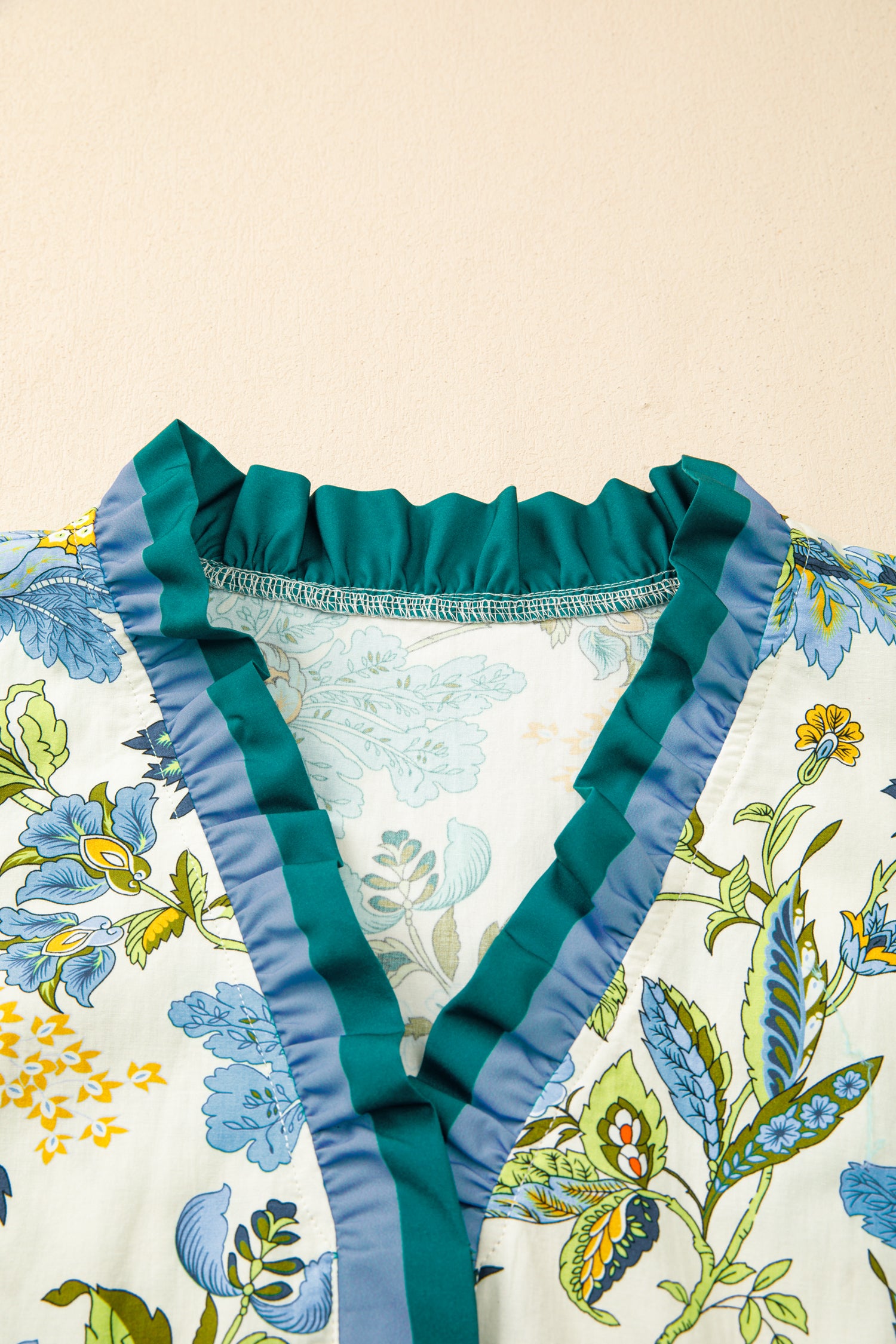 Sky Blue Plus Size Frilled V Neck Short Sleeve Floral Blouse-Plus Size/Plus Size Tops/Plus Size Blouses & Shirts-[Adult]-[Female]-2022 Online Blue Zone Planet