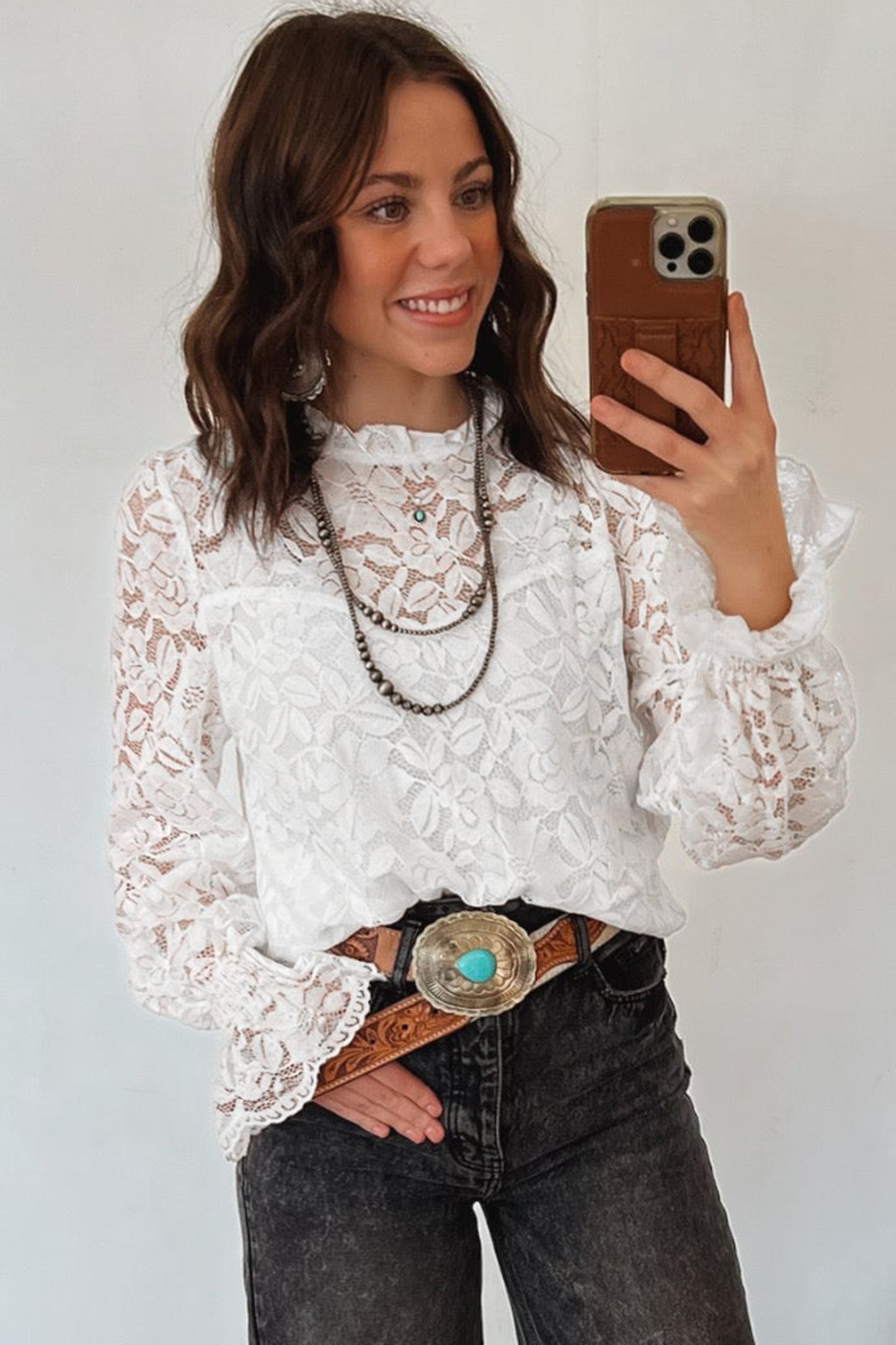 White Ruffled Round Neck Long Flounce Sleeve Sheer Lace Blouse-Tops/Blouses & Shirts-[Adult]-[Female]-2022 Online Blue Zone Planet