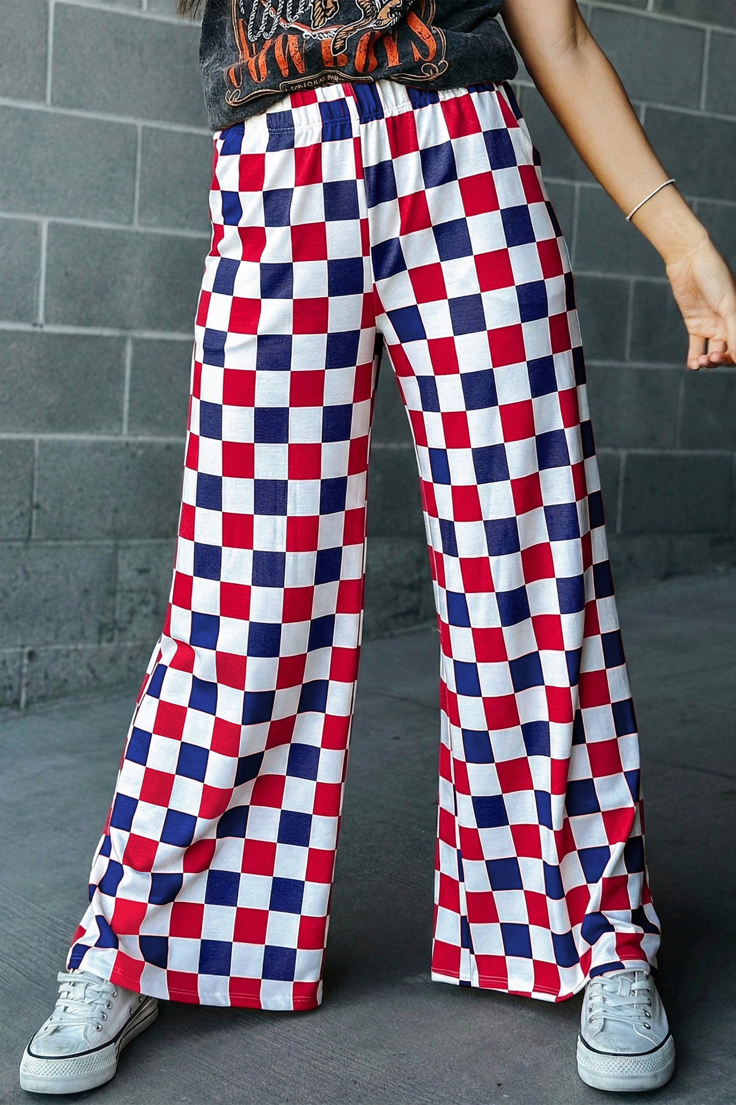 Red 2-Tone Checked Print High Waist Wide Leg Pants-Bottoms/Pants & Culotte-[Adult]-[Female]-2022 Online Blue Zone Planet