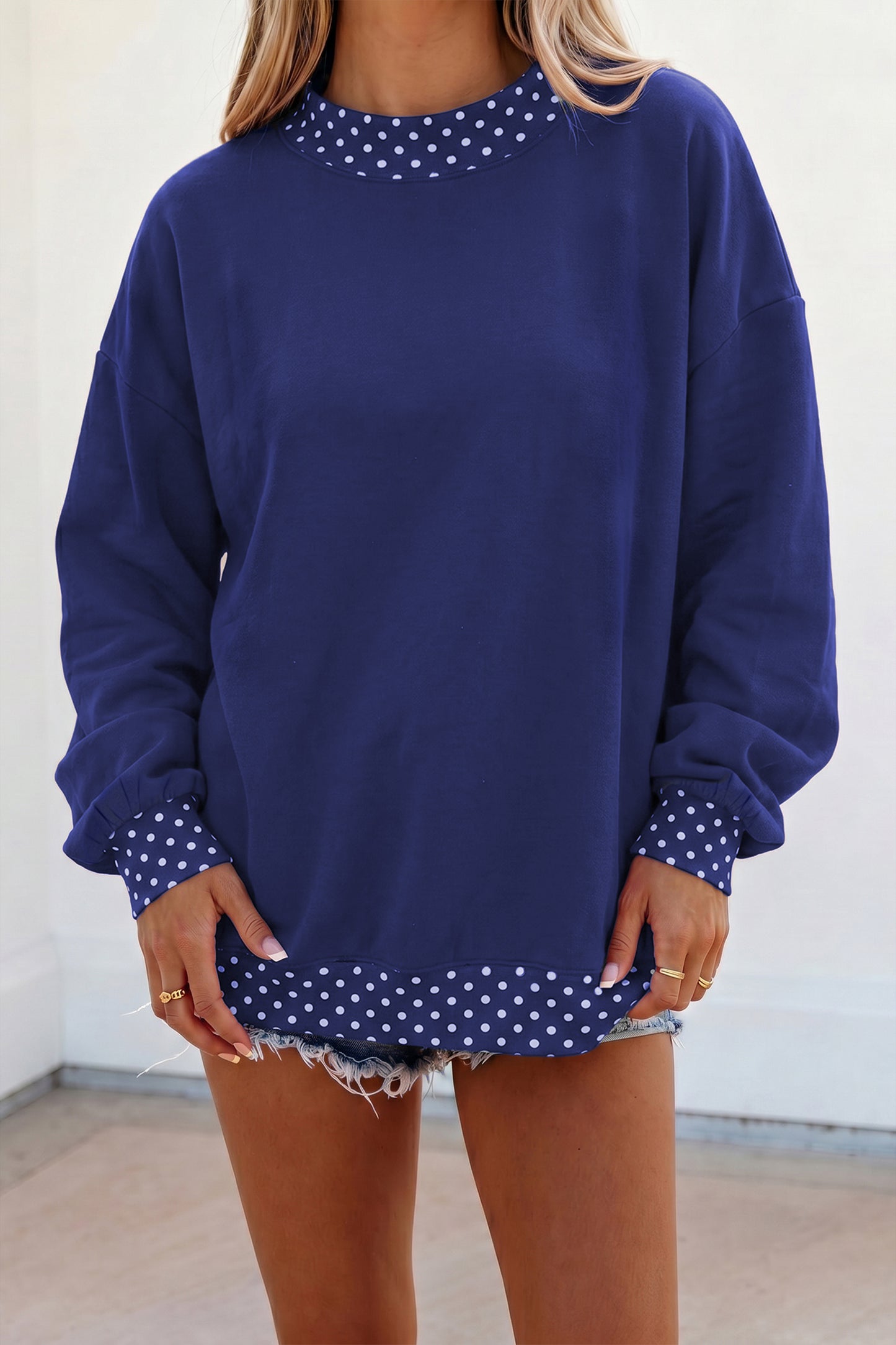 Dirty blue Colorblock Polka Dot Contrast Trim Oversized Sweatshirt-Tops/Sweatshirts & Hoodies-[Adult]-[Female]-Dark Blue-S-2022 Online Blue Zone Planet