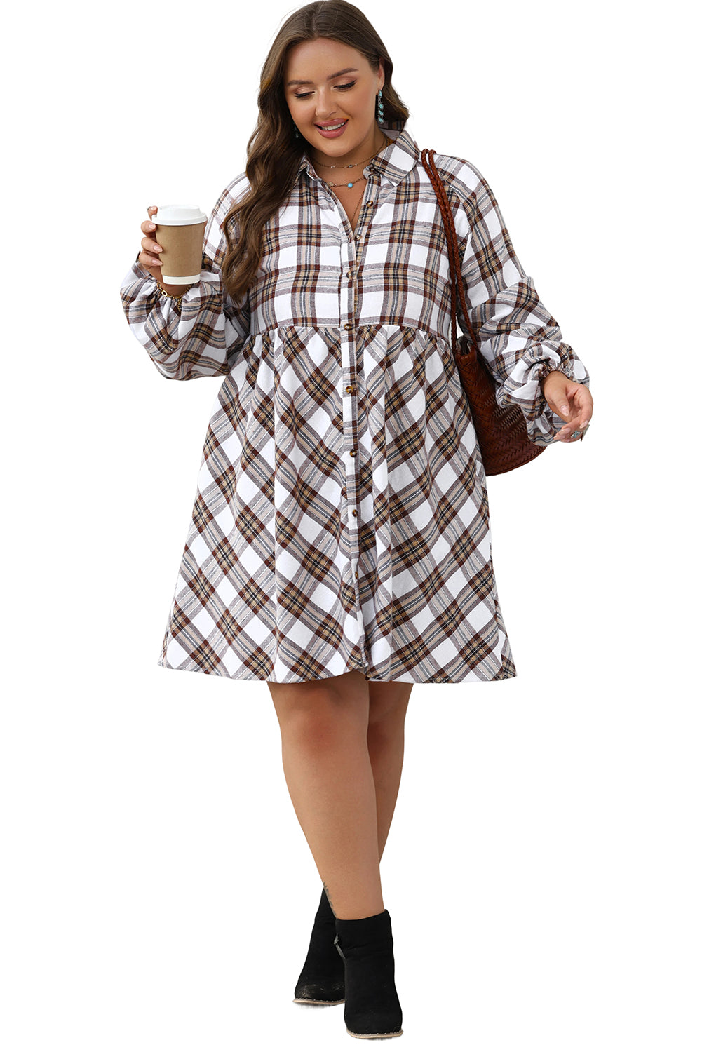 Blue Zone Planet | White Plaid Bubble Sleeve Flowy Shirt Dress-TOPS / DRESSES-[Adult]-[Female]-2022 Online Blue Zone Planet