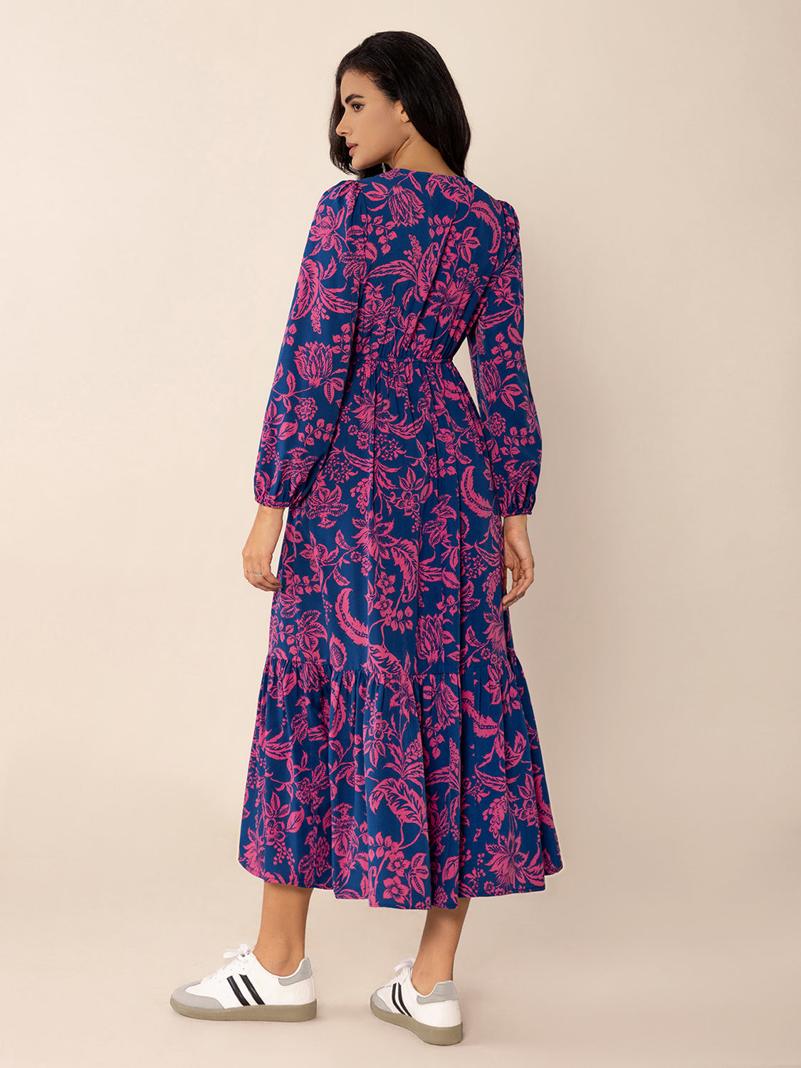 Blue Zone Planet | Printed V-Neck Long Sleeve Midi Dress-TOPS / DRESSES-[Adult]-[Female]-2022 Online Blue Zone Planet