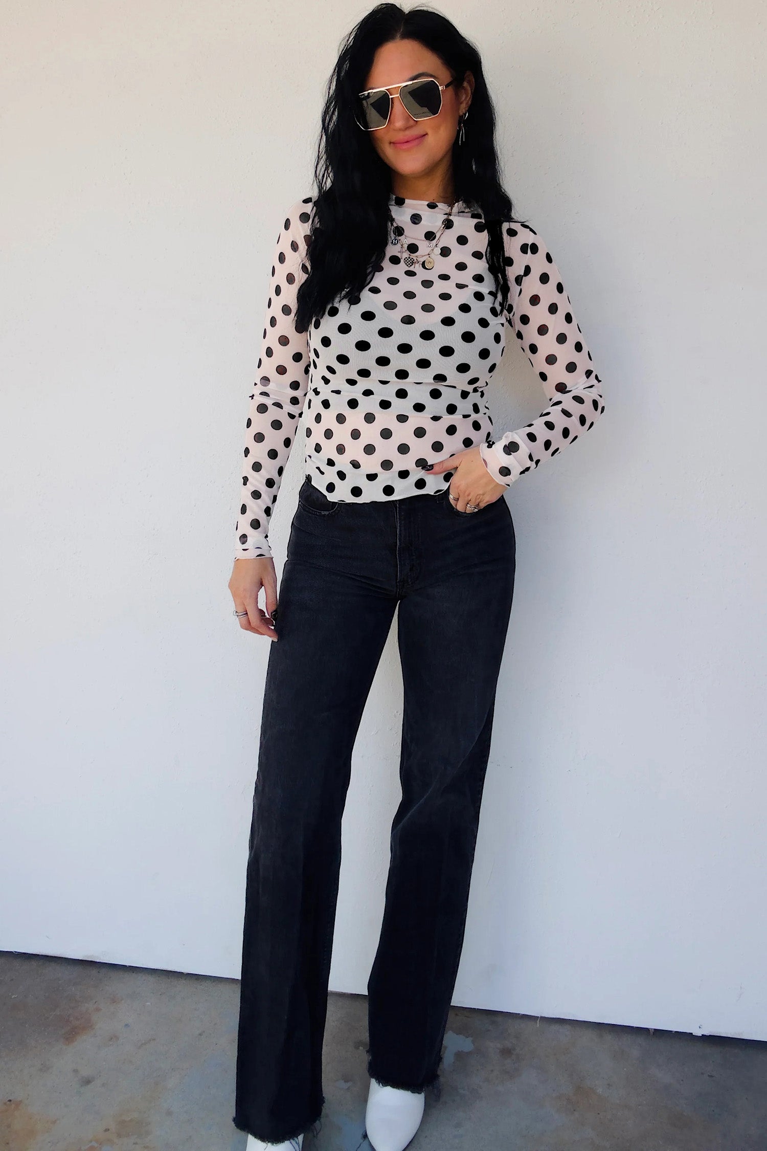 White Polka Dot Sheer Long Sleeve Round Neck Slim Top-Tops/Long Sleeve Tops-[Adult]-[Female]-2022 Online Blue Zone Planet