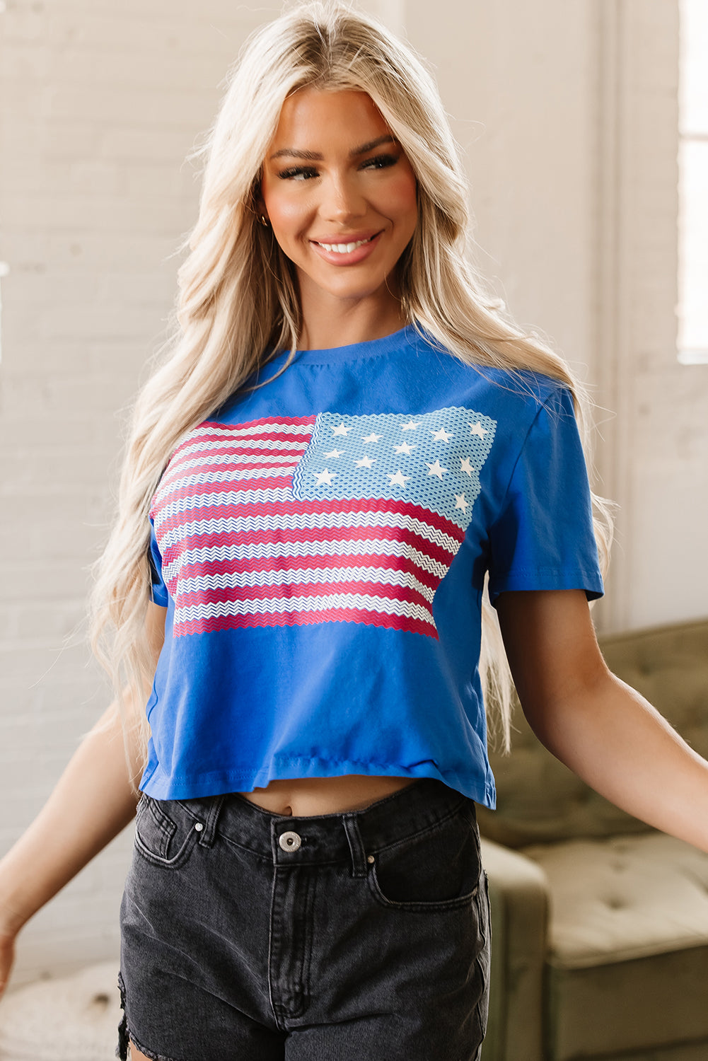 Real Teal American Flag Pattern Crewneck Tee-Graphic/Graphic Tees-[Adult]-[Female]-2022 Online Blue Zone Planet