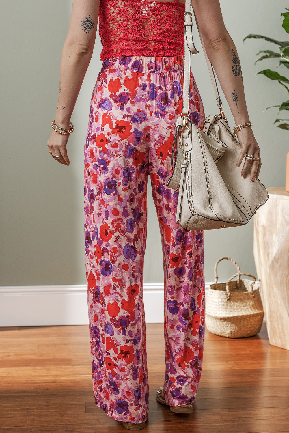 Purple Floral Wide Leg Elastic High Waist Pants-Bottoms/Pants & Culotte-[Adult]-[Female]-2022 Online Blue Zone Planet