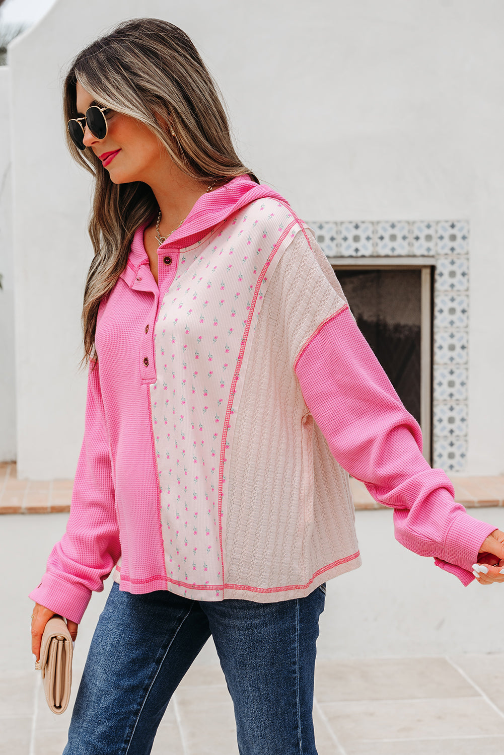 Pink Mixed Texture Waffle Floral Patchwork Hooded Oversize Pullover-Tops/Sweatshirts & Hoodies-[Adult]-[Female]-2022 Online Blue Zone Planet