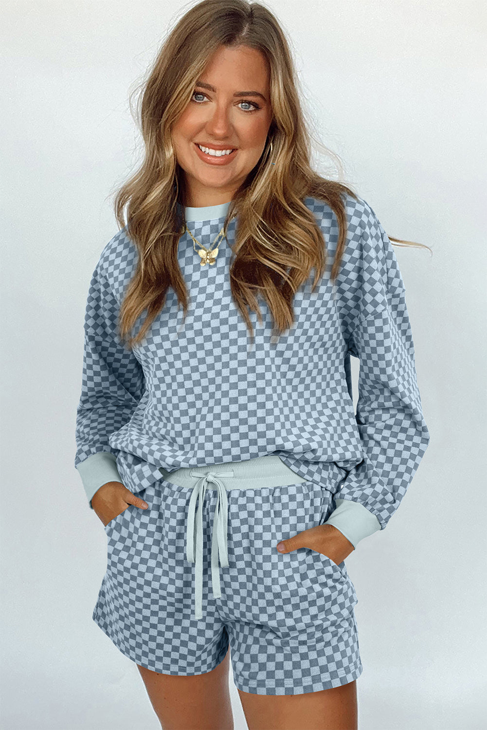 Sky Blue Checkerboard Long Sleeve Pullover and Shorts Set-Two Piece Sets/Short Sets-[Adult]-[Female]-2022 Online Blue Zone Planet