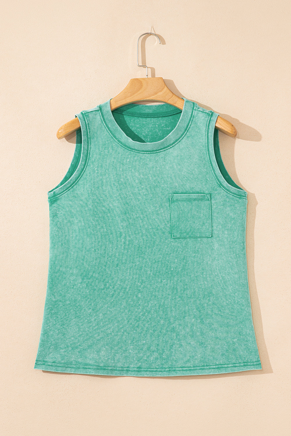 Sea Green Mineral Wash Patched Chest Pocket Casual Tank Top-Tops/Tank Tops-[Adult]-[Female]-2022 Online Blue Zone Planet