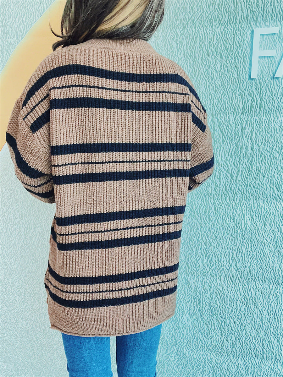 Blue Zone Planet | Striped Round Neck Long Sleeve Sweater-TOPS / DRESSES-[Adult]-[Female]-2022 Online Blue Zone Planet