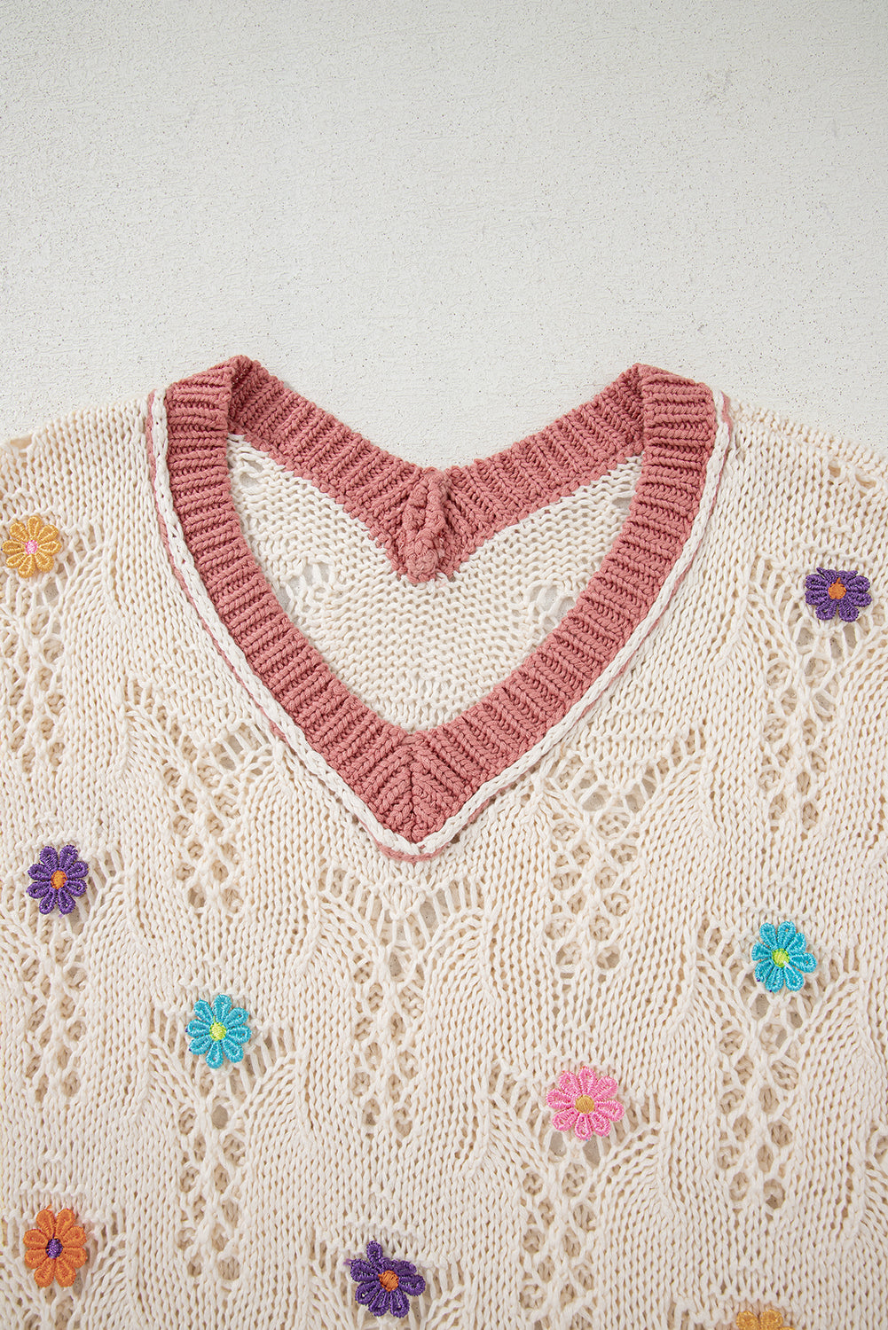 Delicacy Embroidered Flowers Colorblock Edge Hollowed Sweater-TOPS / DRESSES-[Adult]-[Female]-2022 Online Blue Zone Planet