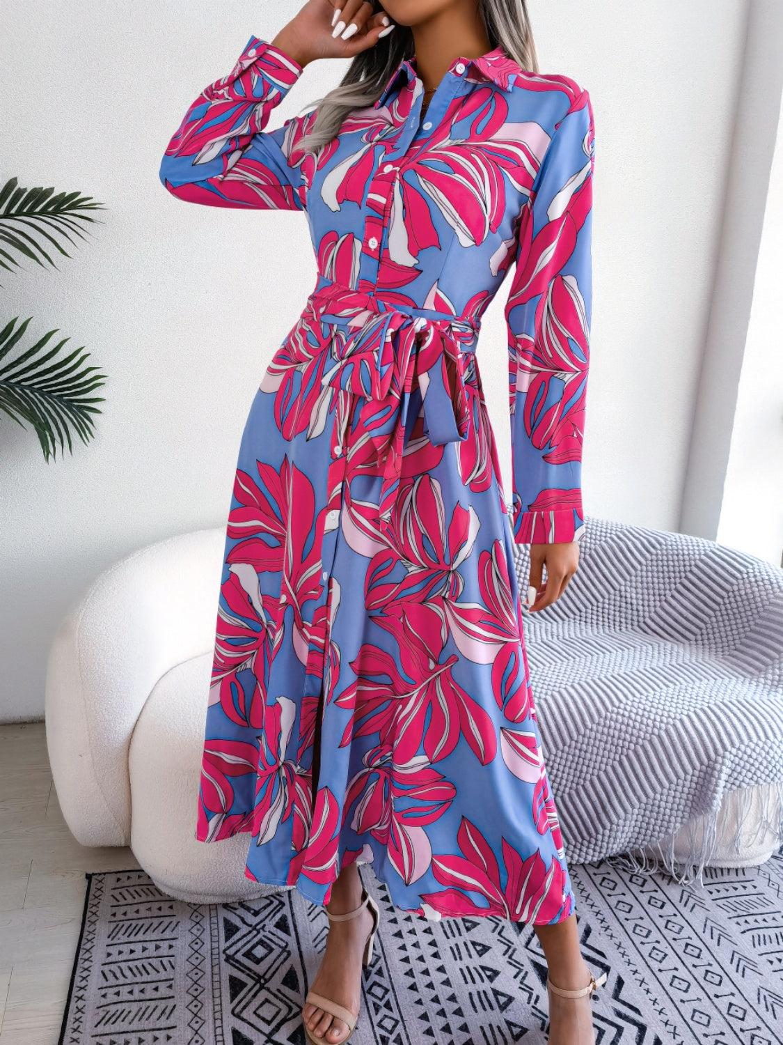 Tied Button Up Long Sleeve Dress-TOPS / DRESSES-[Adult]-[Female]-2022 Online Blue Zone Planet