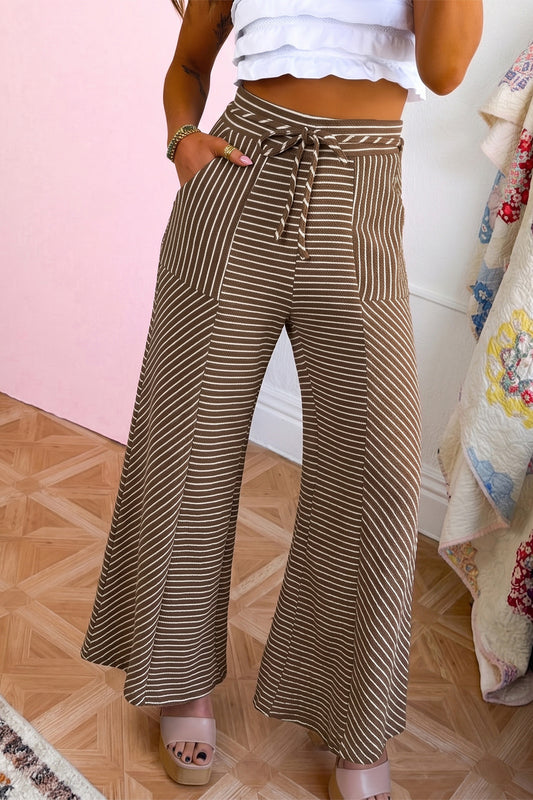 Khaki Stripe Patchwork Design Wide Leg Casual Pants-Bottoms/Pants & Culotte-[Adult]-[Female]-Khaki Stripe-S-2022 Online Blue Zone Planet