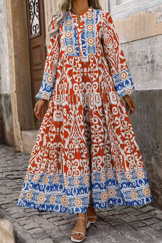 Orange Boho Geometric Printed Long Sleeve Maxi Dress-Dresses/Maxi Dresses-[Adult]-[Female]-Orange-S-2022 Online Blue Zone Planet