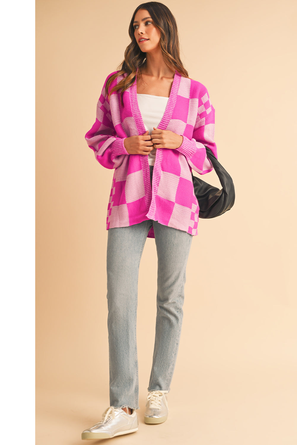 Blue Zone Planet | Rose Red Checkered Printed Ribbed Trim Open Front Cardigan-Cardigans-[Adult]-[Female]-2022 Online Blue Zone Planet