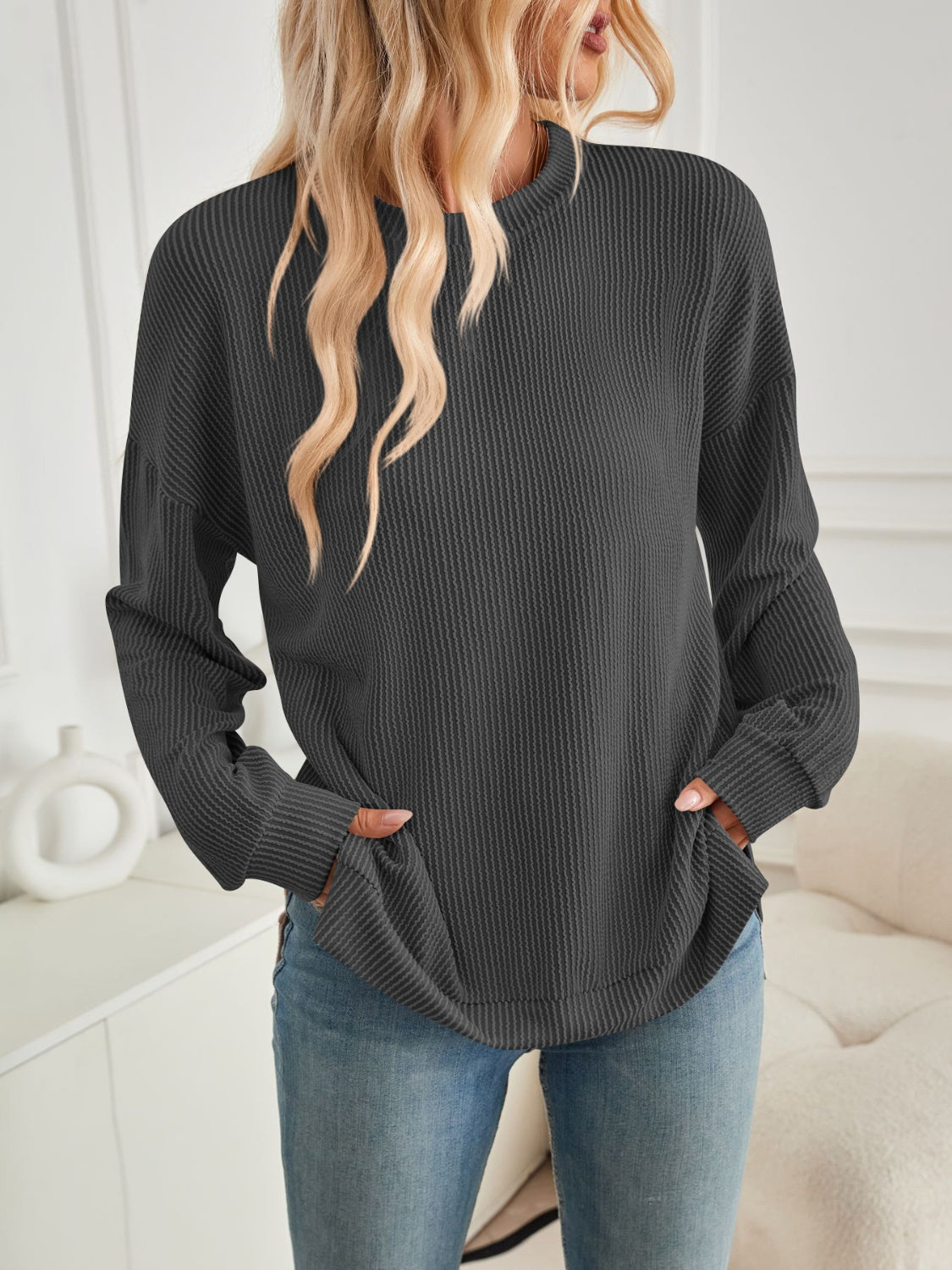 Blue Zone Planet | Lovelet Slit Round Neck Long Sleeve Sweatshirt-TOPS / DRESSES-[Adult]-[Female]-2022 Online Blue Zone Planet